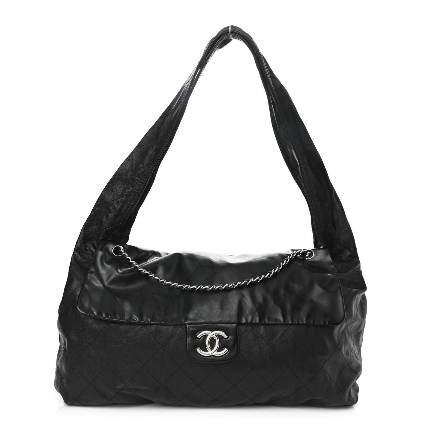Vinyl Calfskin Quilted Flap Messenger Black