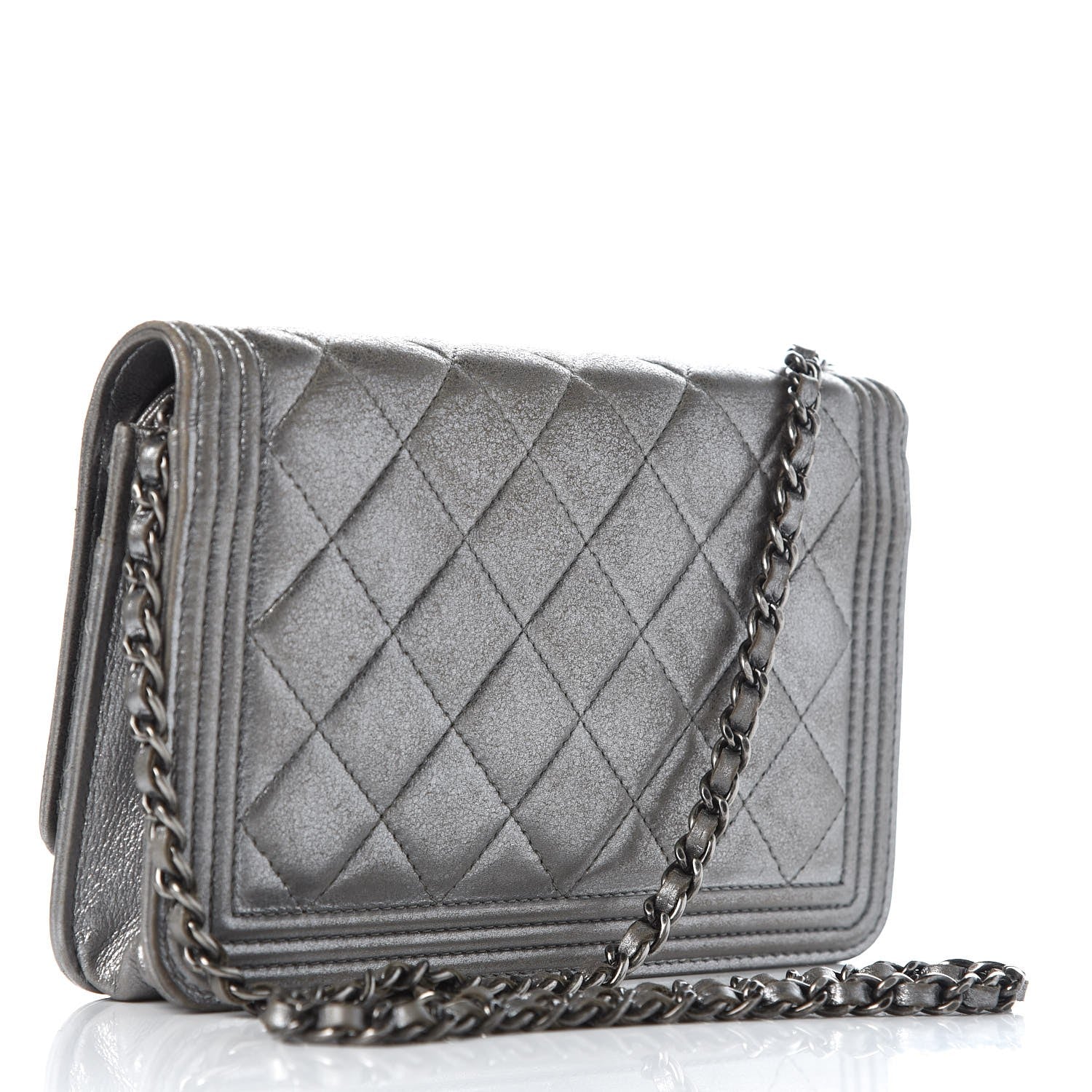 Chanel Metallic Calfskin Quilted Boy Wallet On Chain WOC Silver 3 of 10