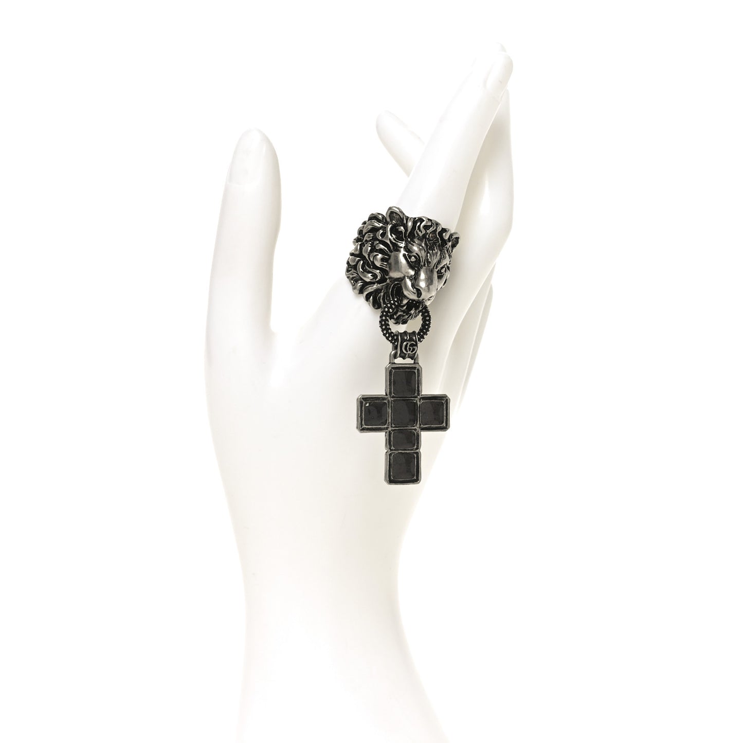 Enamel Brass Lion Head Crucifix Ring XL Black