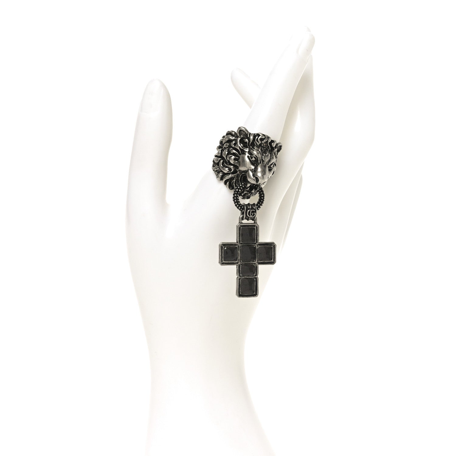 Gucci Enamel Brass Lion Head Crucifix Ring XL Black 2 of 4