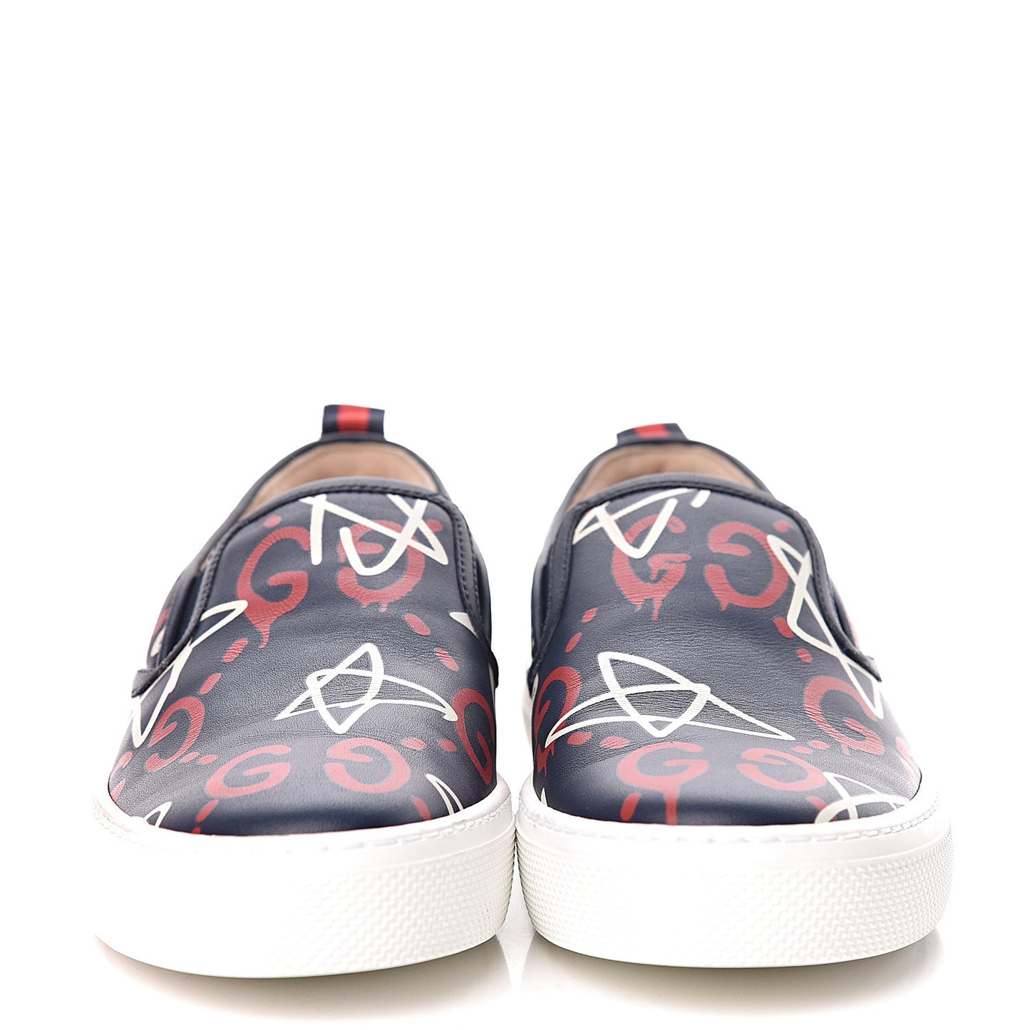 Calfskin GucciGhost Print Womens Slip On Sneakers 36.5 Blue Agata Hibiscus Red