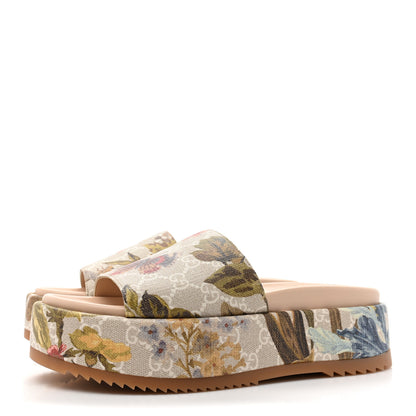 Gucci GG Supreme Monogram Water Flora Angelina Platform Slide Sandals 38 Beige White Multicolor 3 of 8