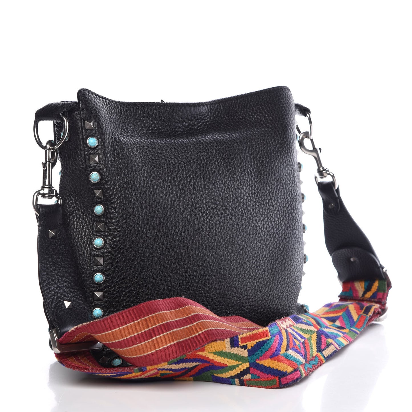 Pebbled Calfskin Tribal Small Guitar Strap Rockstud Rolling Flip-Lock Messenger Bag Black