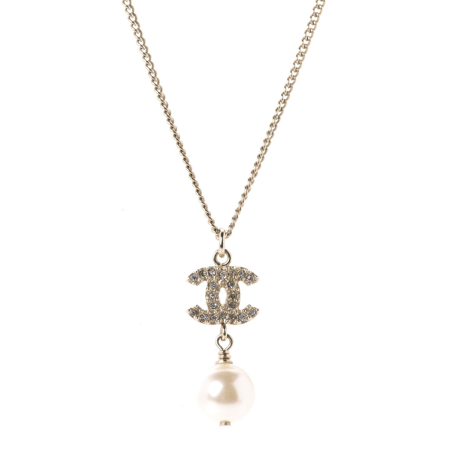 Crystal Pearl CC Drop Necklace Gold