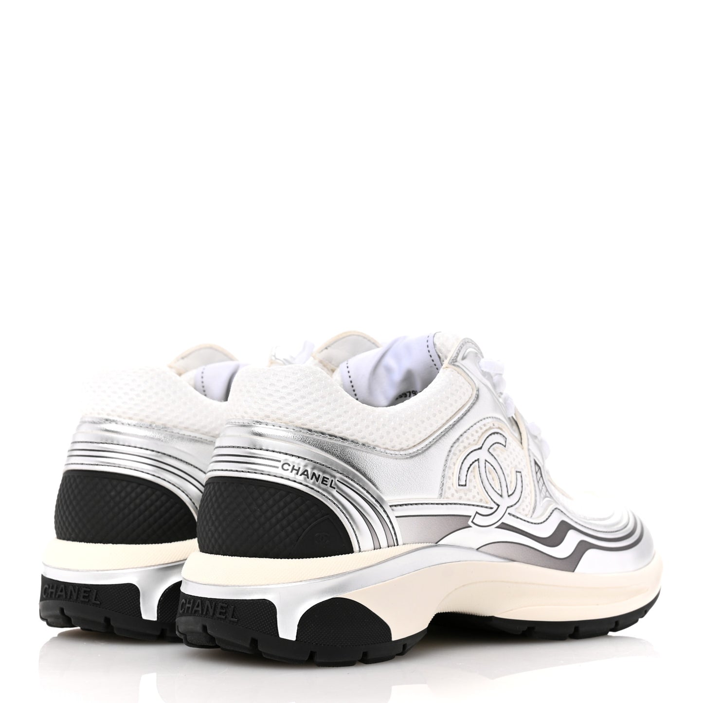 Fabric Laminated Calfskin Stretch CC Womens Sneakers 37 White Silver