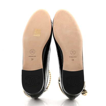 Chanel Shiny Lambskin Pearl Cap Toe Ankle Chain Ballerina Flats 39 Black 5 of 10