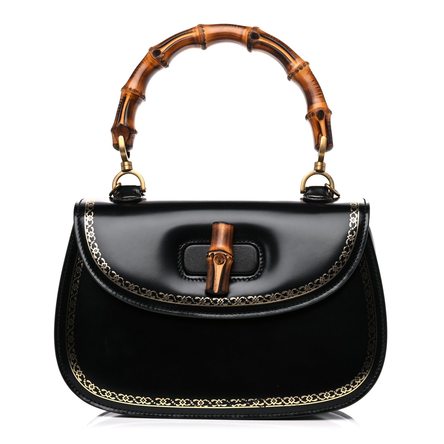 Calfskin Frame Print Bamboo Top Handle Bag Black