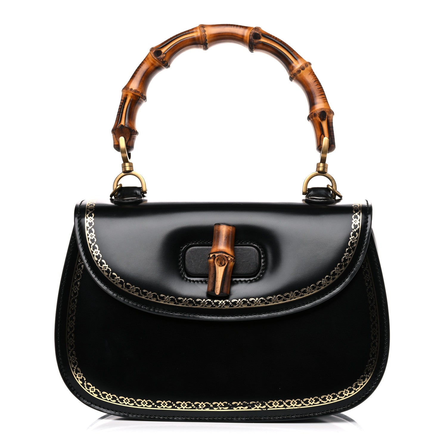Gucci Calfskin Frame Print Bamboo Top Handle Bag Black 1 of 13