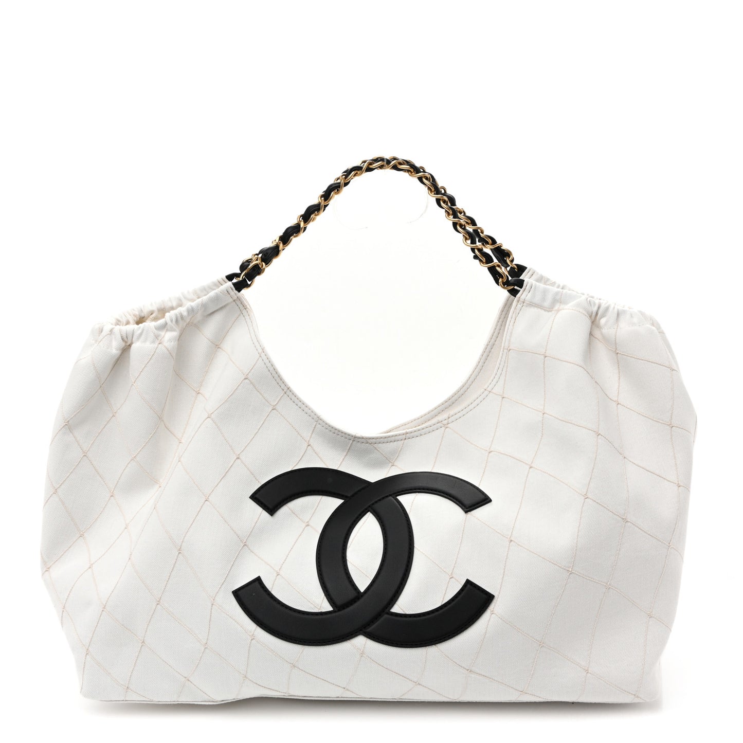 Denim Calfskin Quilted Coco Beach Small Shopping Tote White Black