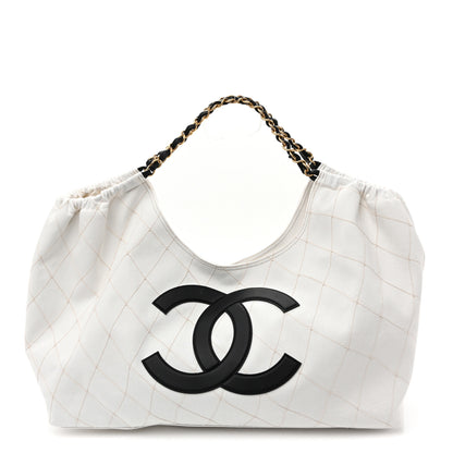 Chanel Denim Calfskin Quilted Coco Beach Small Shopping Tote White Black 1 of 11