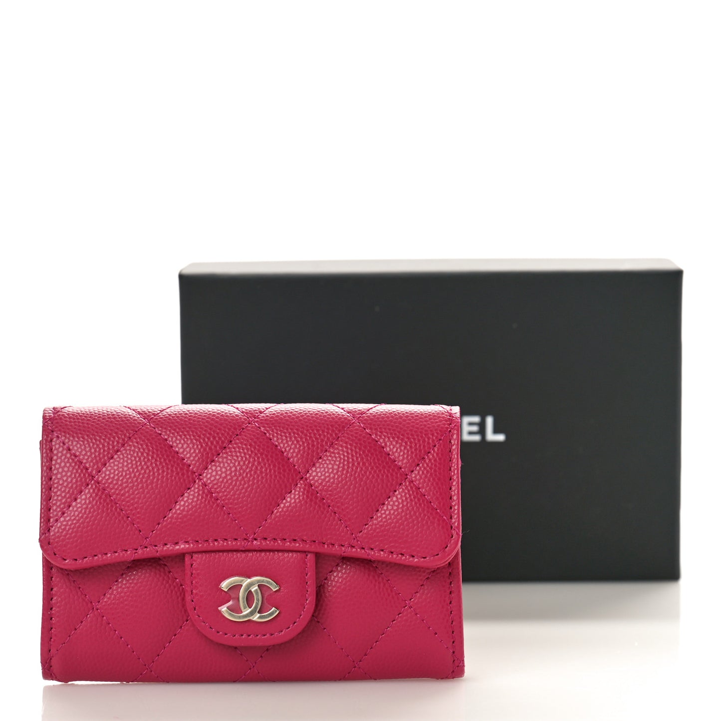 Caviar Quilted Flap Card Holder Wallet Dark Pink