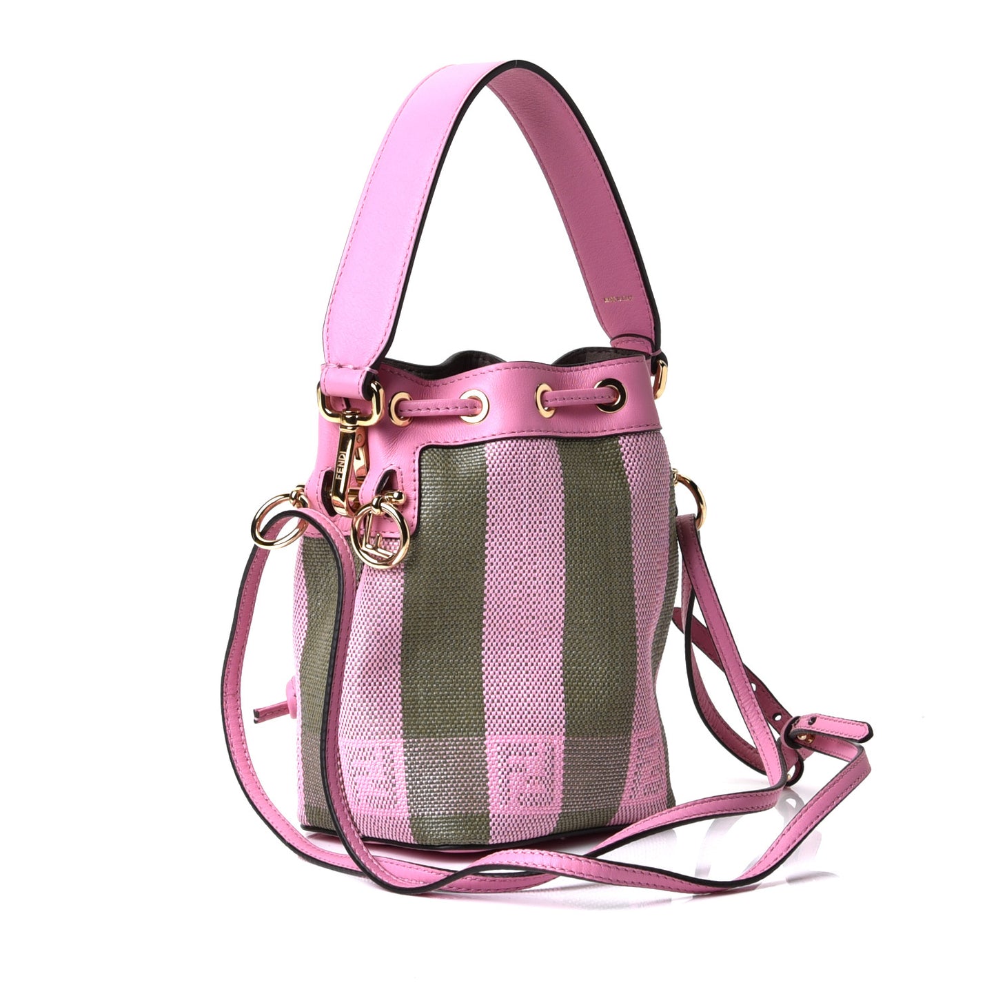 Raffia Vitello Seta F is Fendi Pequin Gingham Woven Mini Mon Tresor Bucket Bag Military Rosa Lollypop