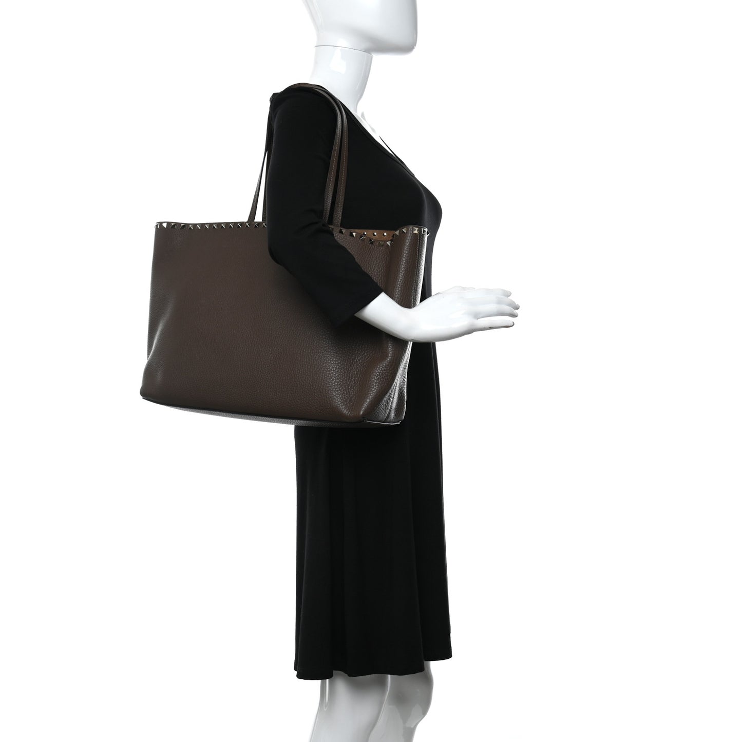 Grained Calfskin Rockstud Shoulder Tote Deep Taupe