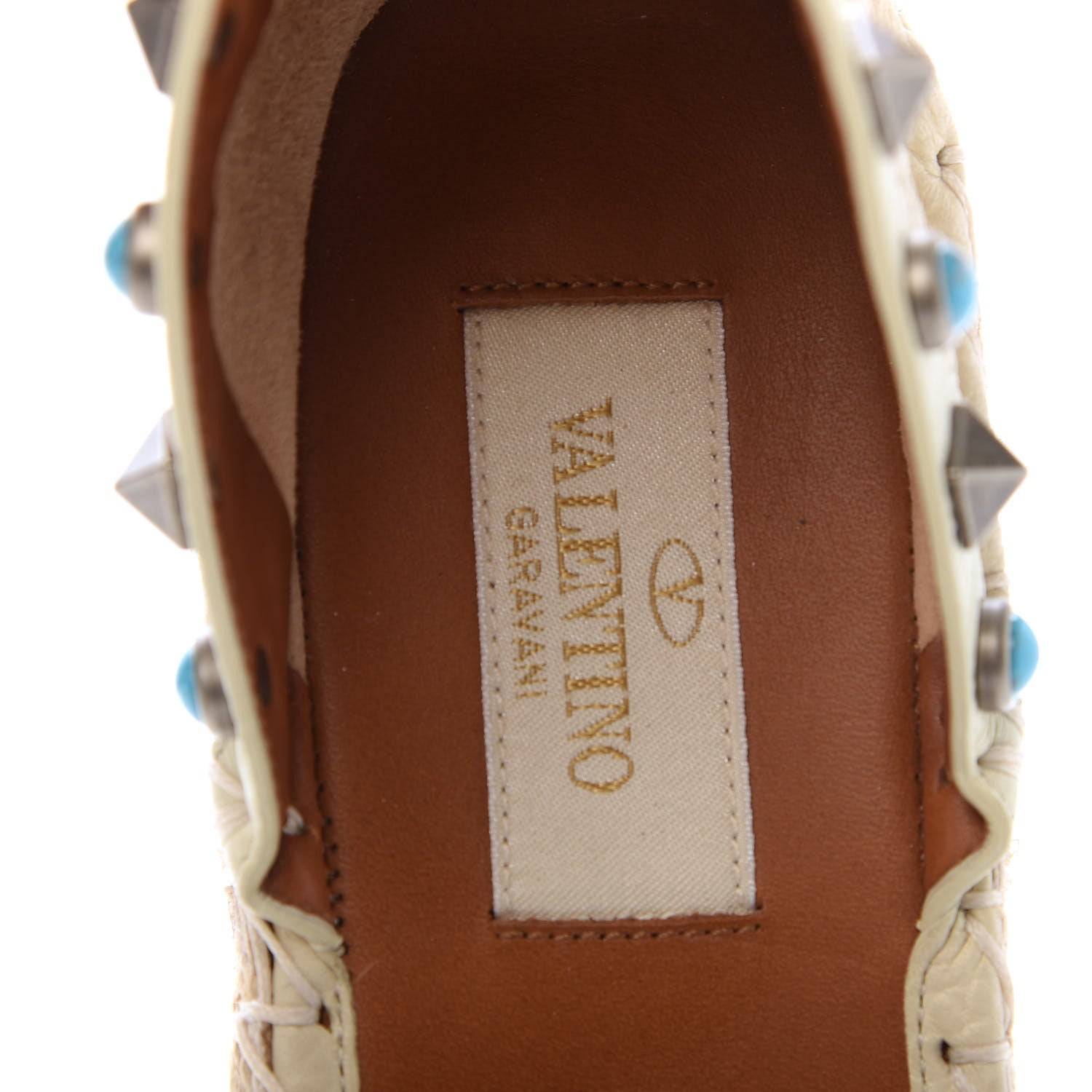 Valentino Garavani Grained Calfskin Turquoise Rockstud Rolling Ankle Wrap Espadrille 20mm Flats 37 Light Ivory Natural 7 of 8