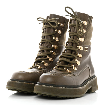 Chanel Calfskin Knit Lace Up Combat Boots 39.5 Green 3 of 10