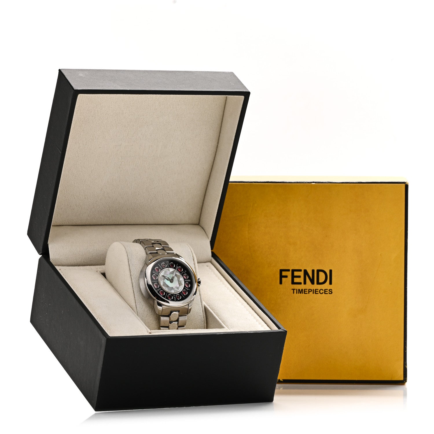 Fendi Stainless Steel Mother of Pearl Topaz Spinel 38mm Ishine Rotating Gem Two Tone Quartz Watch Black 7 of 7