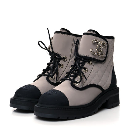 Chanel Fabric Grosgrain Quilted Cap Toe Lace Up Combat Boots 37.5 Gray 3 of 7