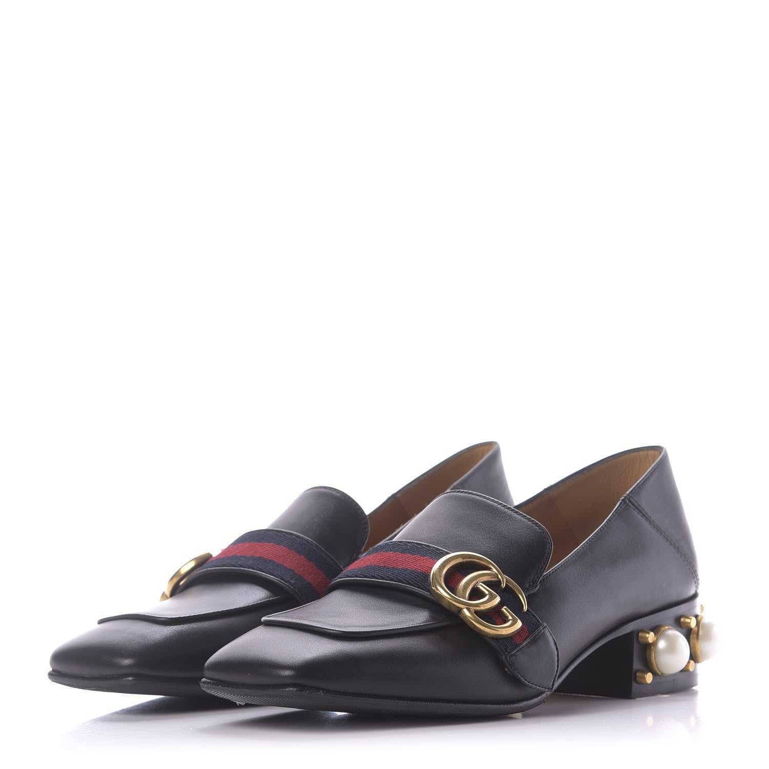 Gucci Betis Glamour Calfskin Web Pearl Embellished Peyton 35mm Loafer Pumps 36.5 Black 3 of 10