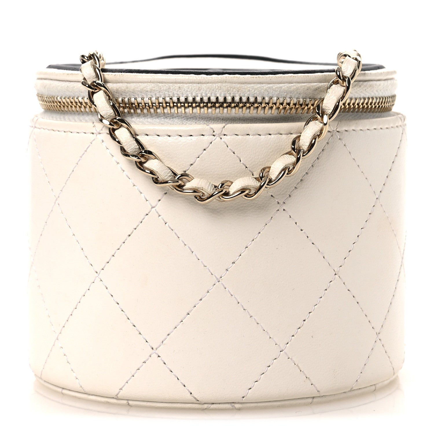Chanel Lambskin Quilted Round Small Vanity Case With Chain White Black 1 of 13