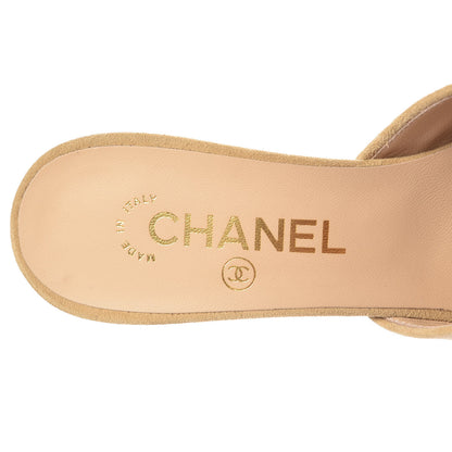 Chanel Suede Grosgrain Cap Toe CC Mules 38 Beige Black 6 of 10