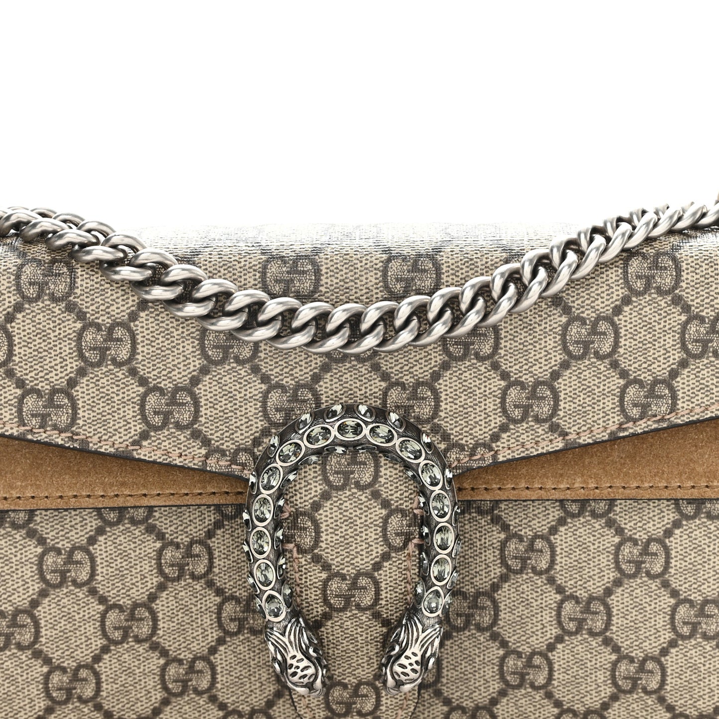 GG Supreme Monogram Suede Crystal Small Dionysus Shoulder Bag Beige Ebony Taupe