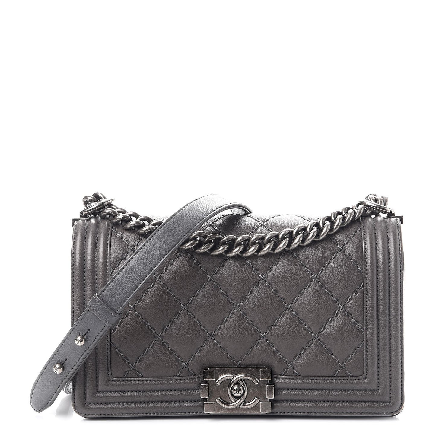 Calfskin Double Stitch Medium Boy Flap Grey