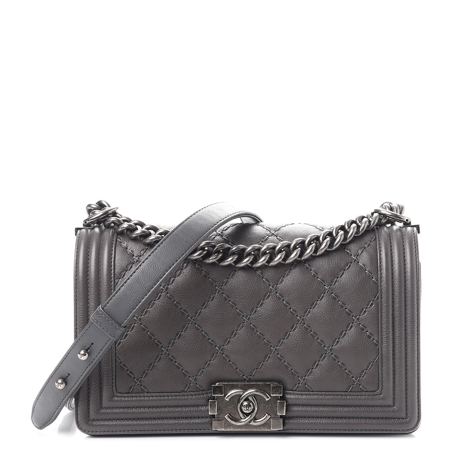 Chanel Calfskin Double Stitch Medium Boy Flap Grey 1 of 12