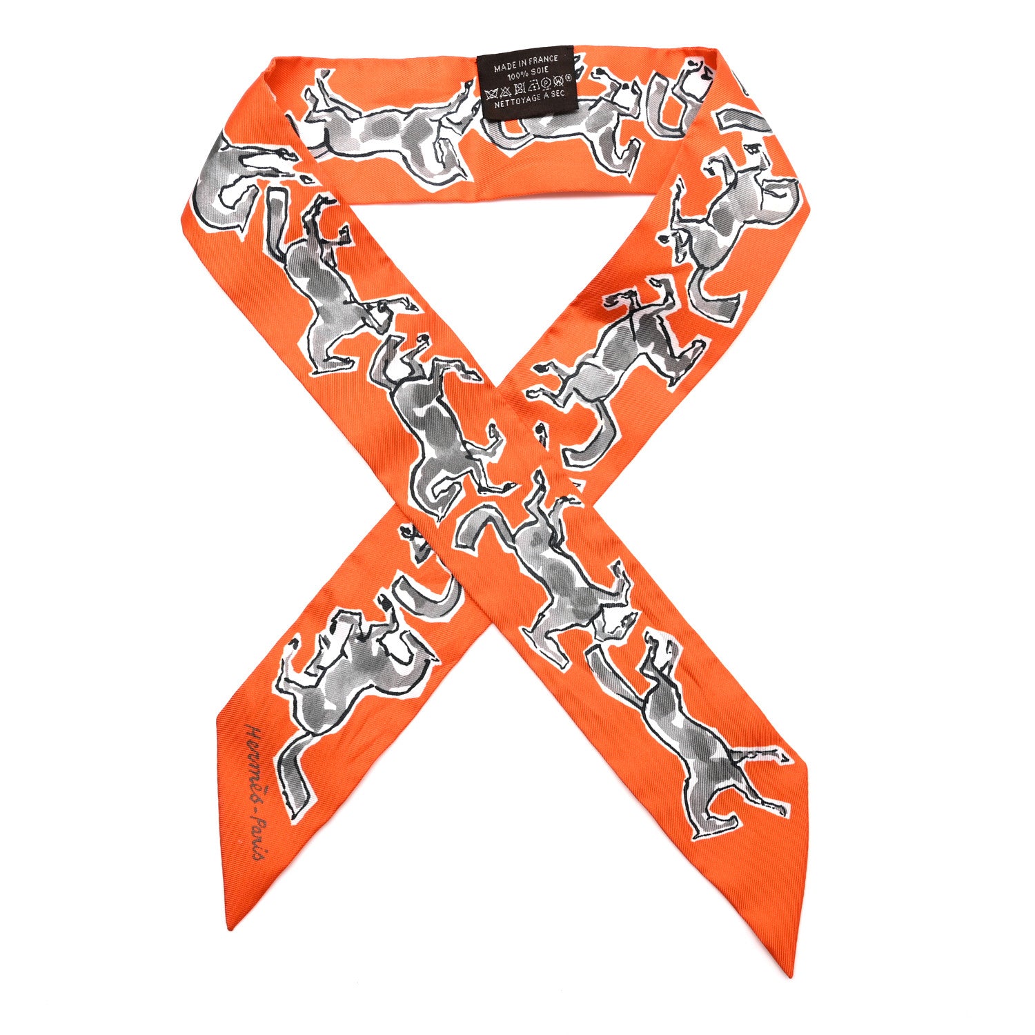 Hermes Silk Chevaux En Liberte Twilly Orange Gris Argent 1 of 6