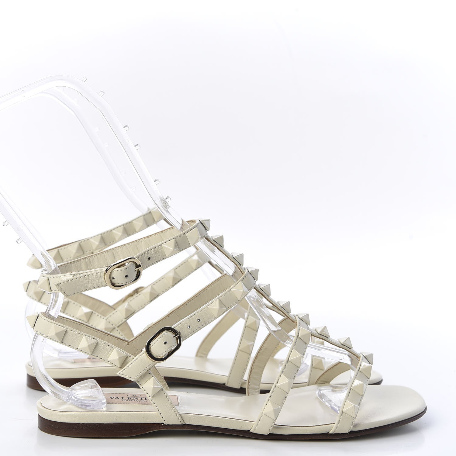 Valentino Garavani Calfskin Lacquered Monochrome Rockstud Gladiator Flat Sandals 36 Ivory 4 of 10