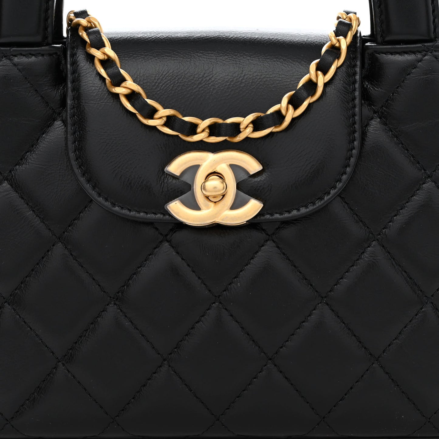 Shiny Aged Calfskin Quilted Nano Kelly Shopper Black