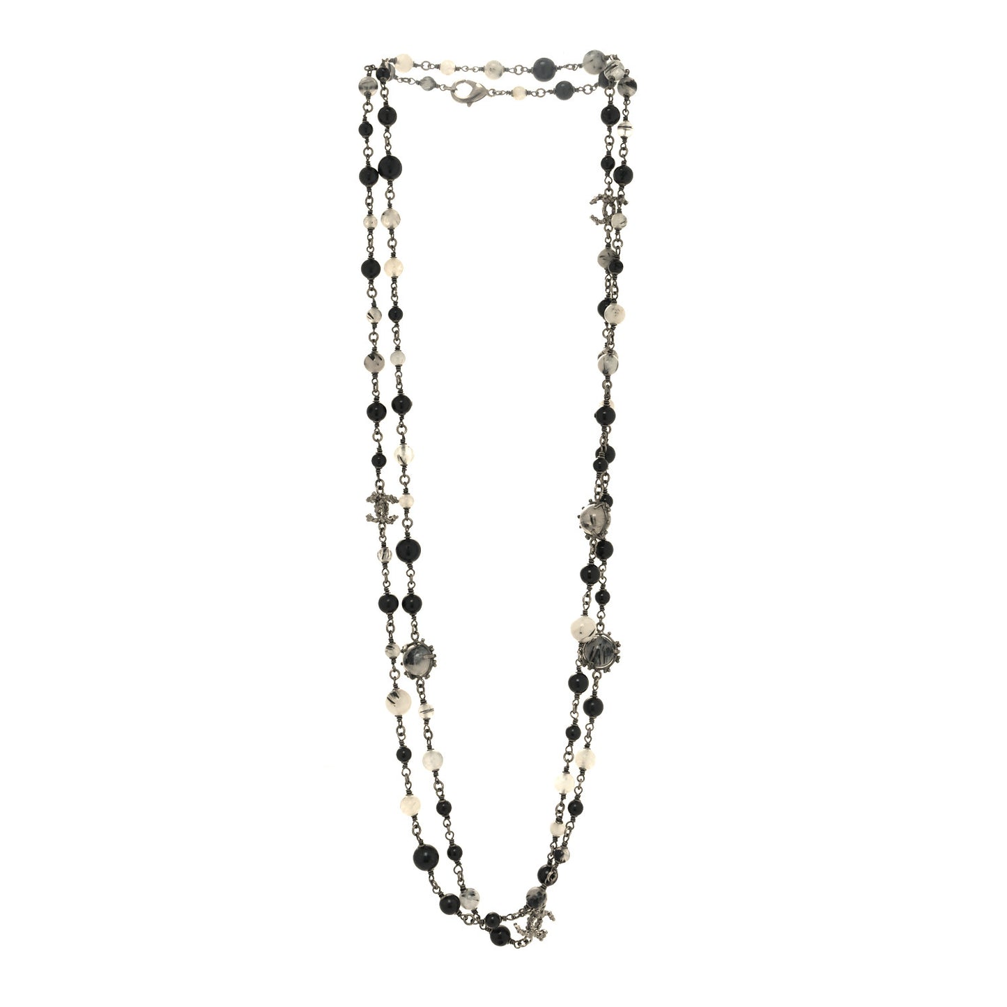 Pearl Beaded CC Long Necklace Silver Black
