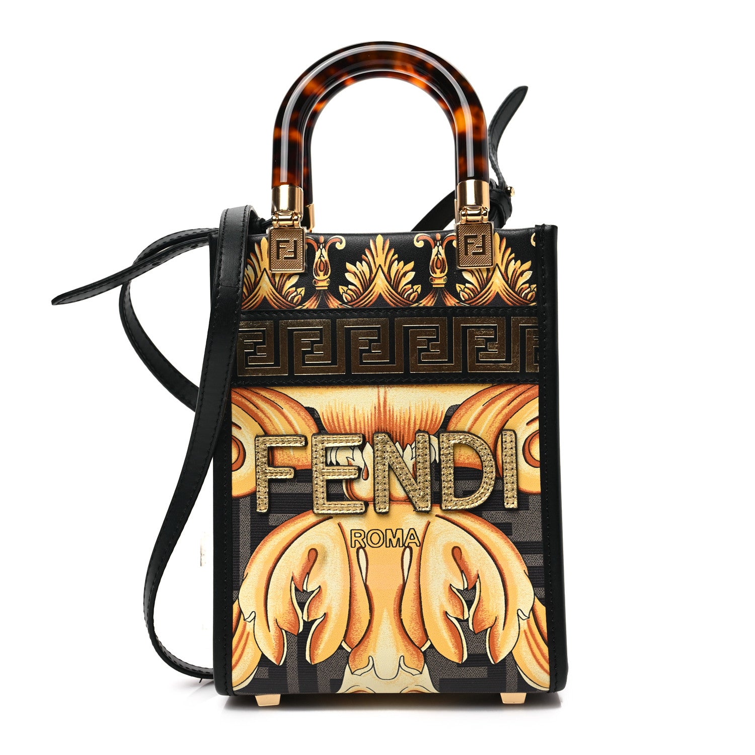 Fendi X VERSACE Vitello King Catalan Mirror Plexiglass Fendace FF Baroque Logo Mini Fendi Sunshine Shopper Tote Black Gold 1 of 7