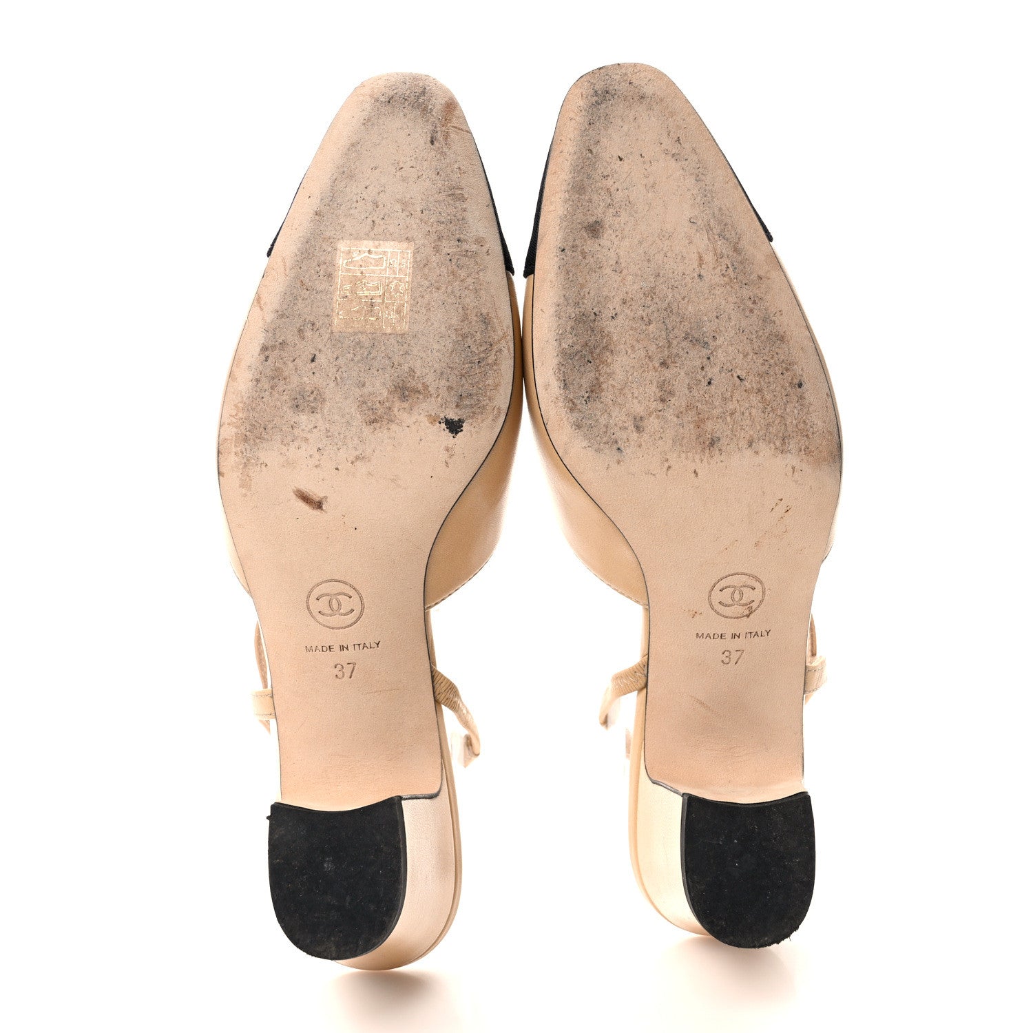 Chanel Goatskin Grosgrain Cap Toe CC Slingback Pumps 37 Beige Black 6 of 9