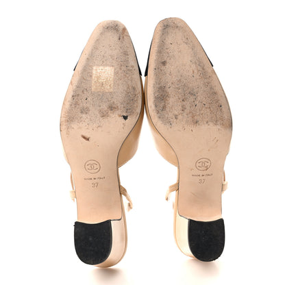 Chanel Goatskin Grosgrain Cap Toe CC Slingback Pumps 37 Beige Black 6 of 9