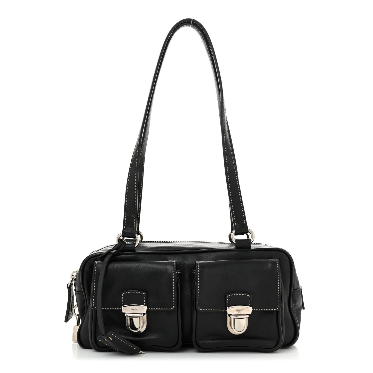 Vitello Heavy Push Lock Pocket Shoulder Bag Black