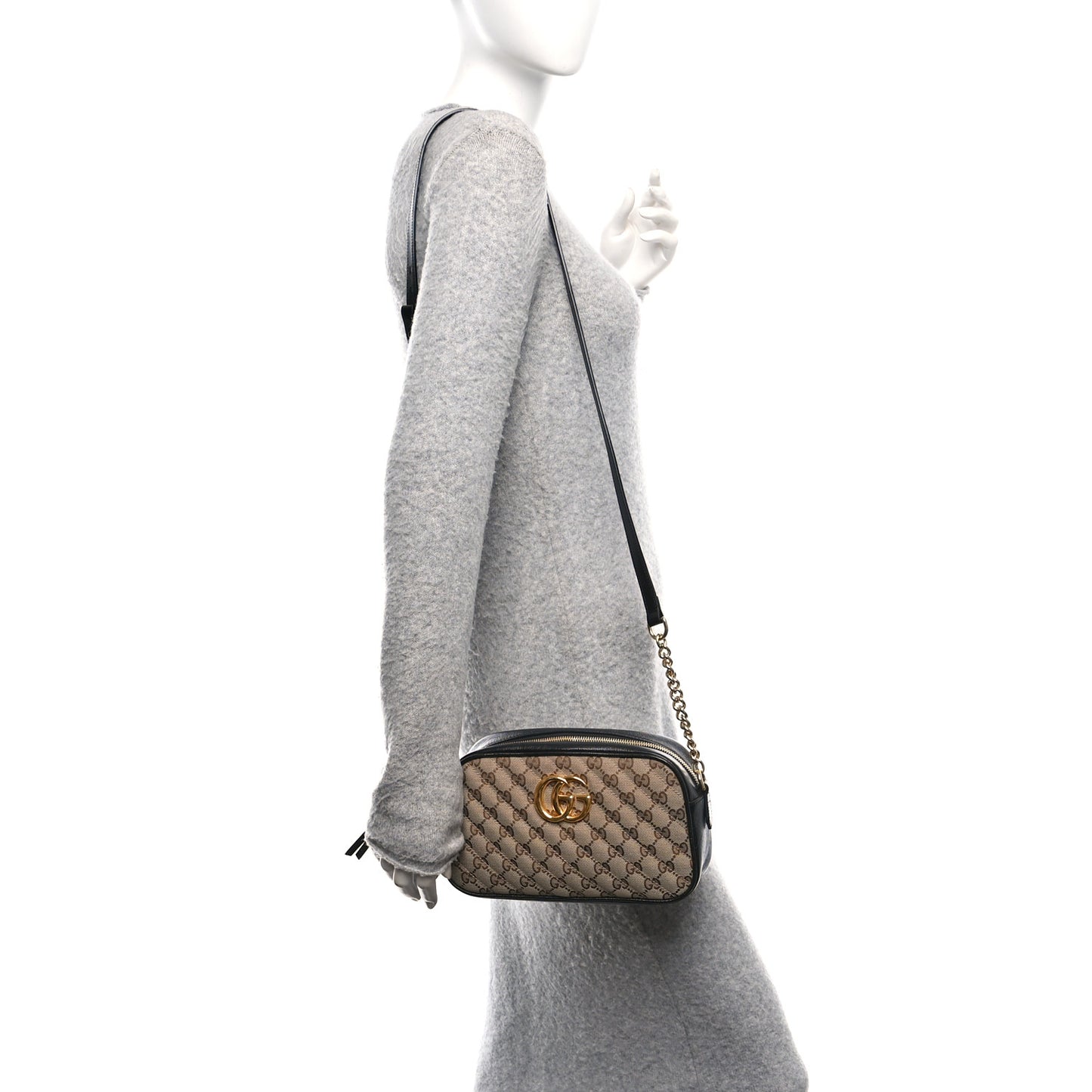 Monogram Matelasse Diagonal Small GG Marmont Chain Shoulder Bag Beige Black