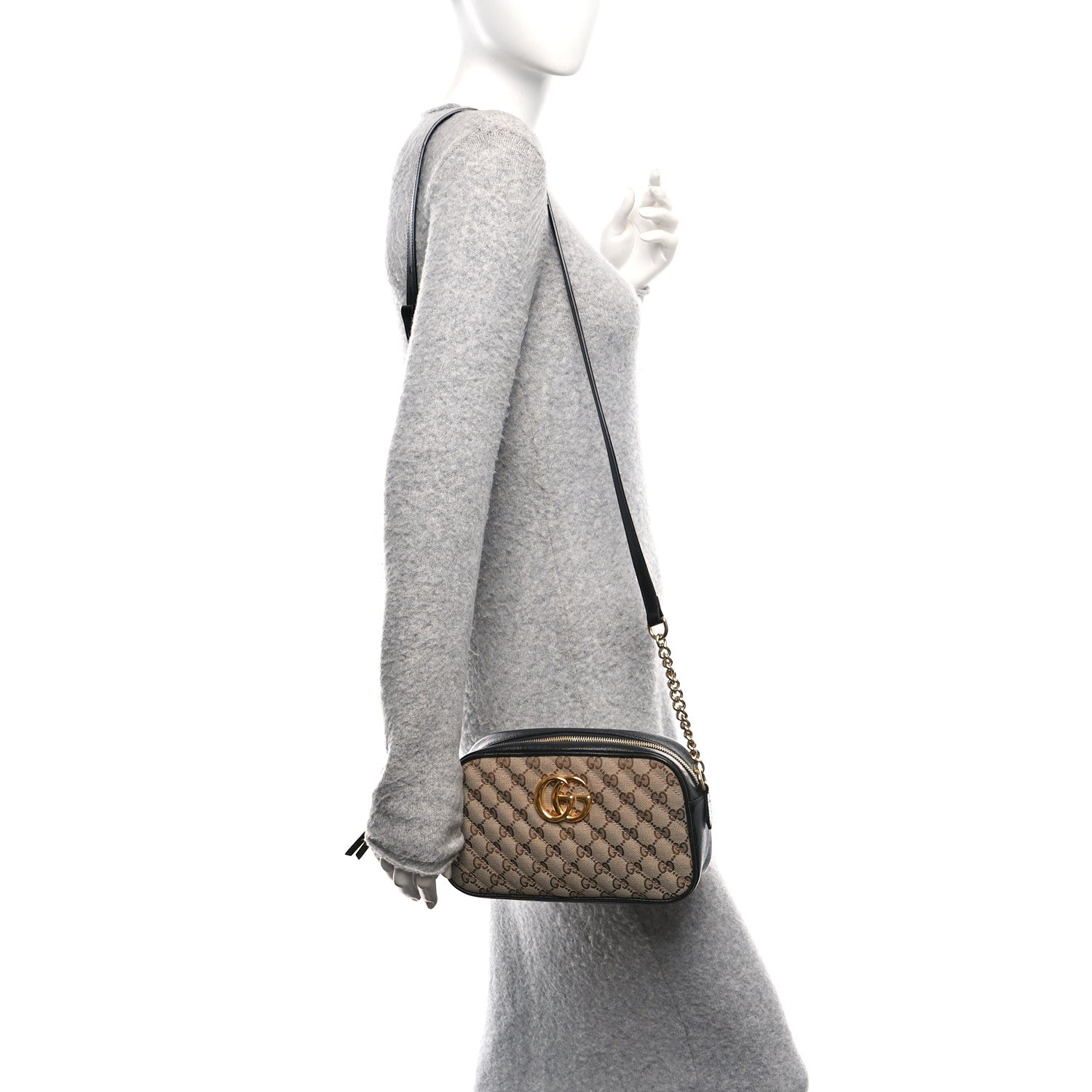 Gucci Monogram Matelasse Diagonal Small GG Marmont Chain Shoulder Bag Beige Black 2 of 11