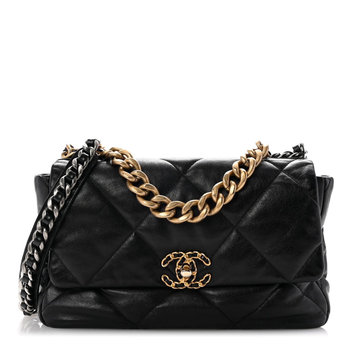 Shiny Goatskin Quilted Large Chanel 19 Flap Black