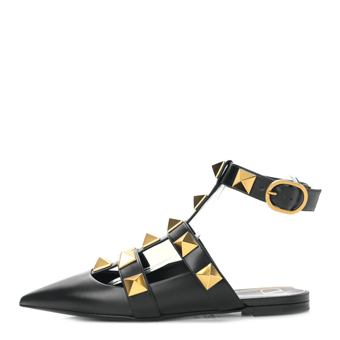 Calfskin Roman Stud Ankle Strap Flat Mules 37.5 Black