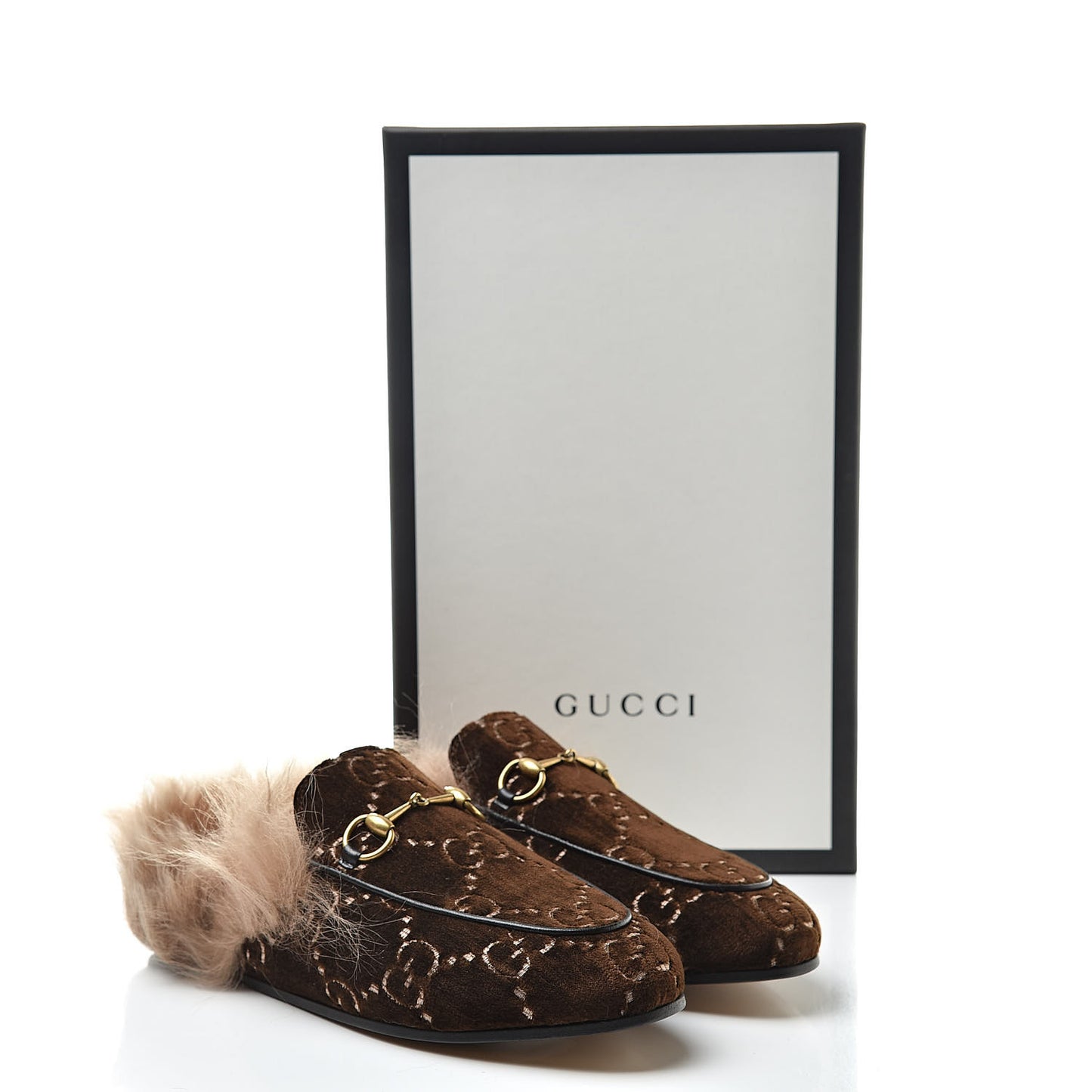 Velvet GG Monogram Fur Womens Princetown Slippers 37.5 Brown Black Natural