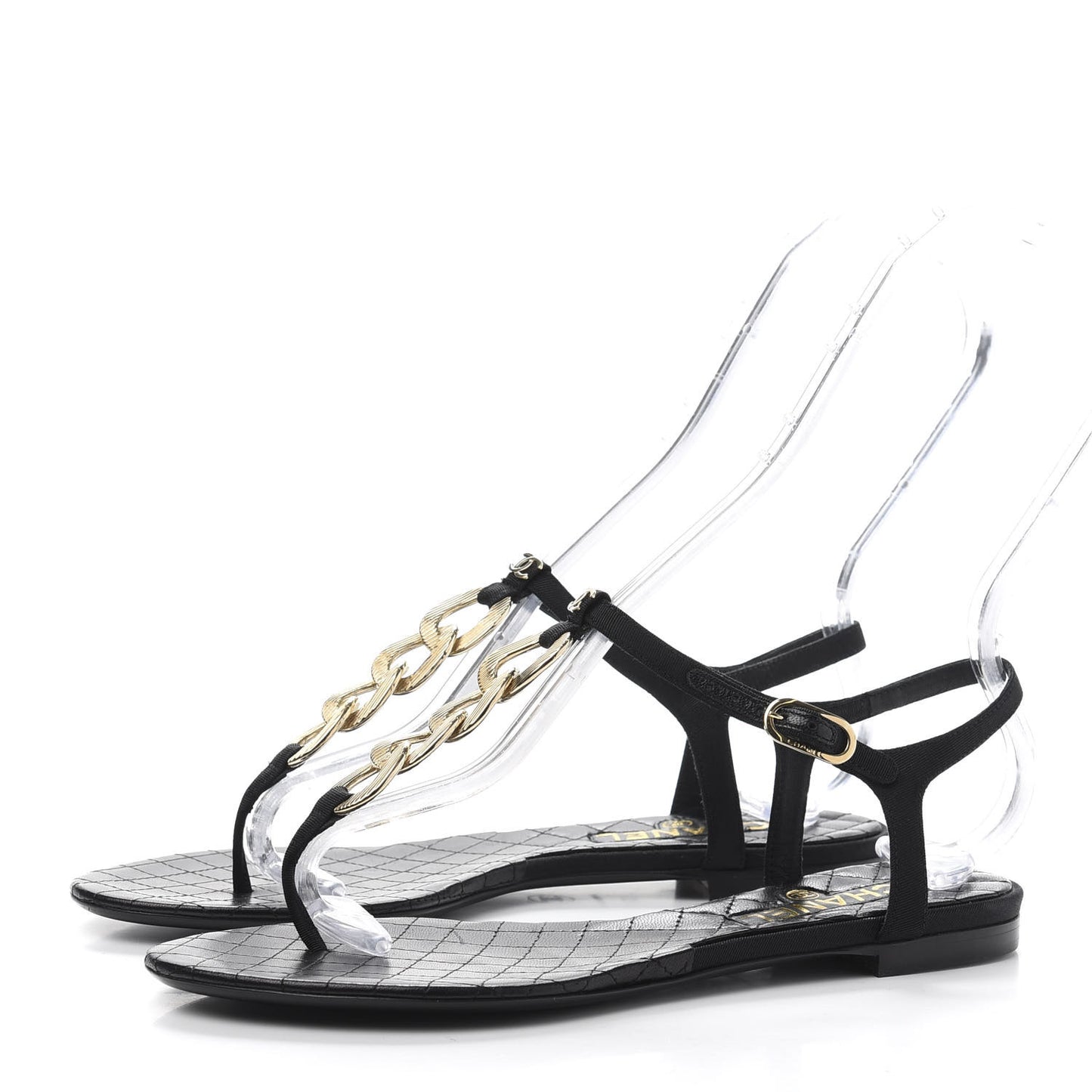 Grosgrain CC Chain Thong Sandals 37 Black Gold