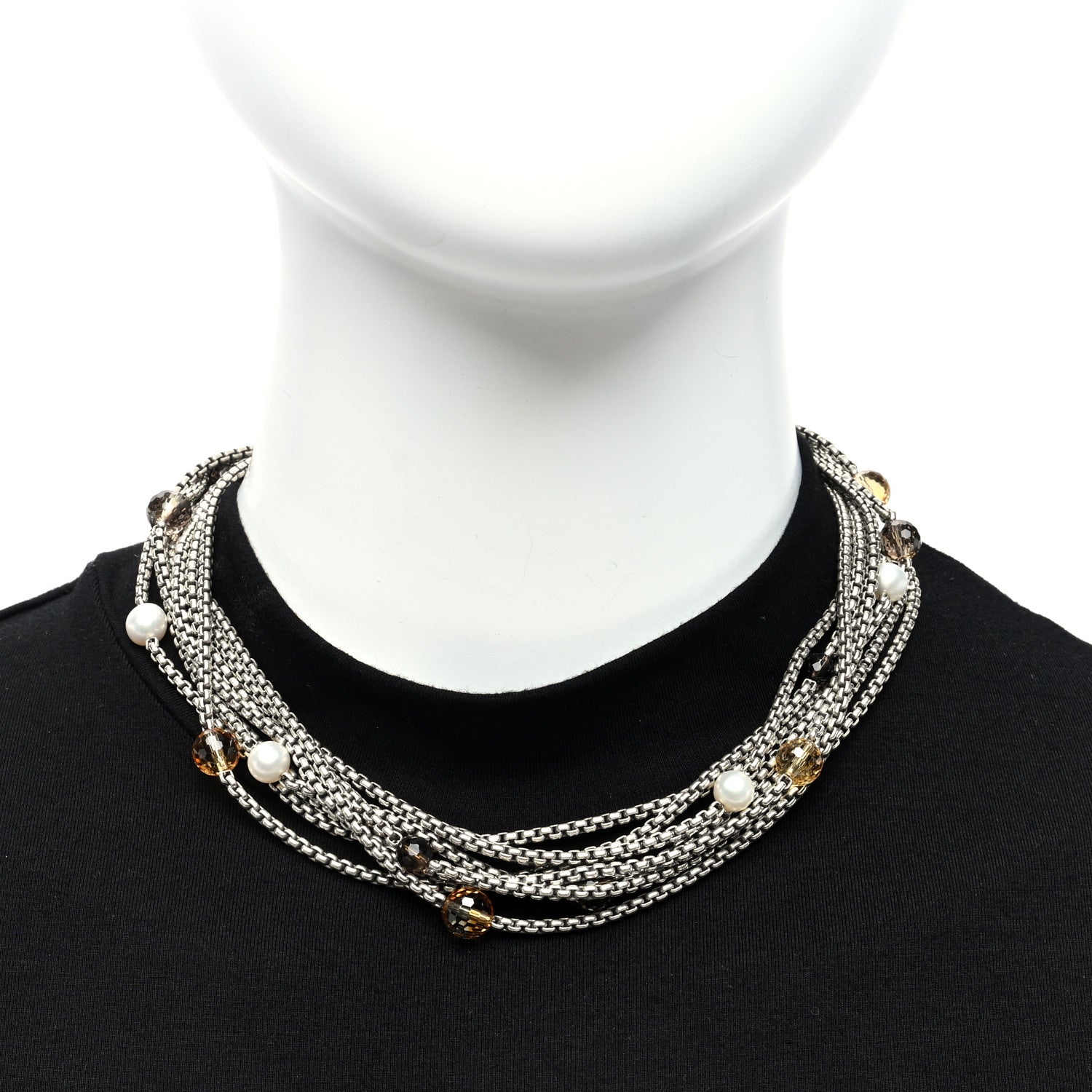 David Yurman Sterling Silver 18K Yellow Gold Pearl Citrine Smokey Quartz Multi Strand Necklace 2 of 4