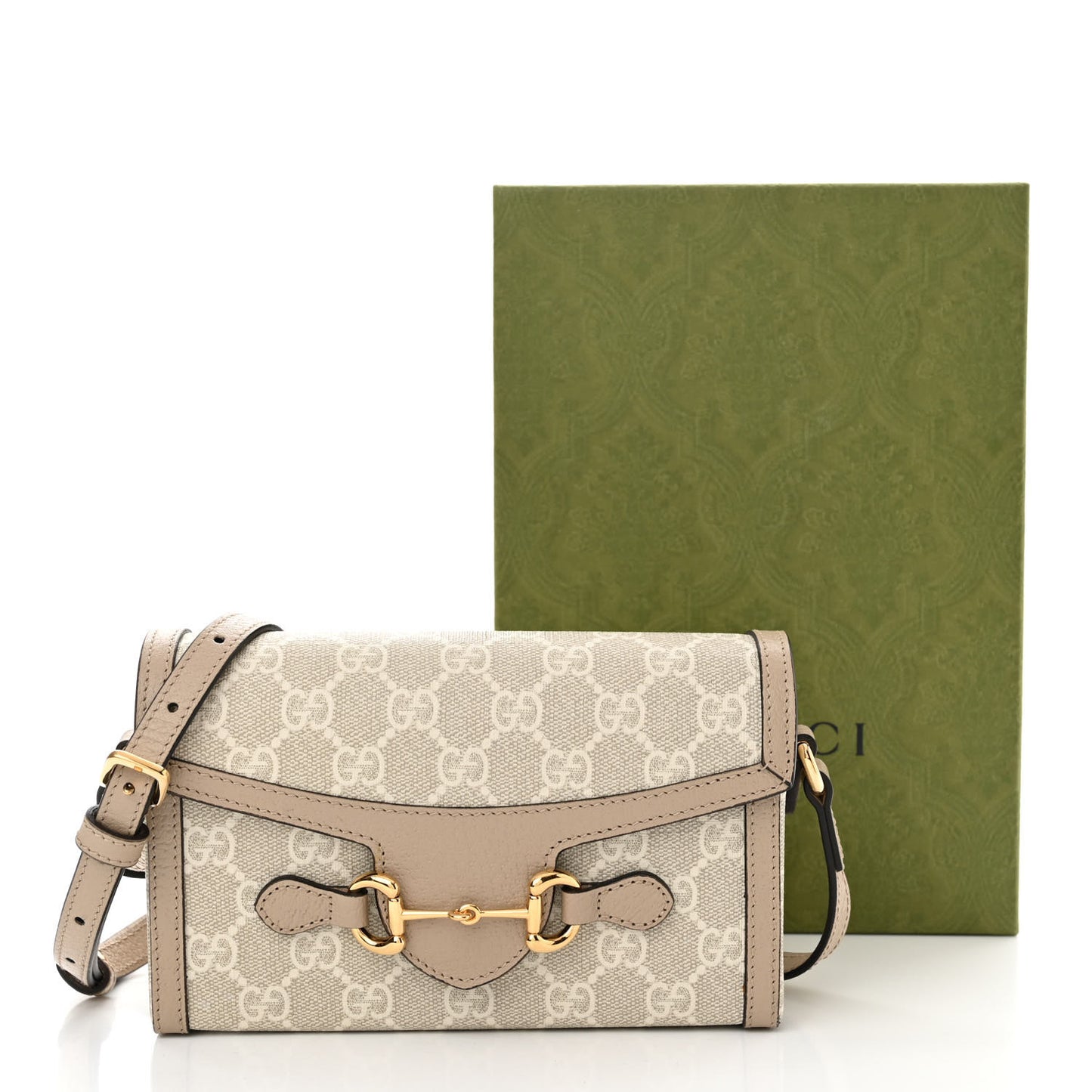 GG Supreme Monogram Textured Dollar Calfskin Mini Horsebit 1955 Shoulder Bag Beige Mystic White Oatmeal