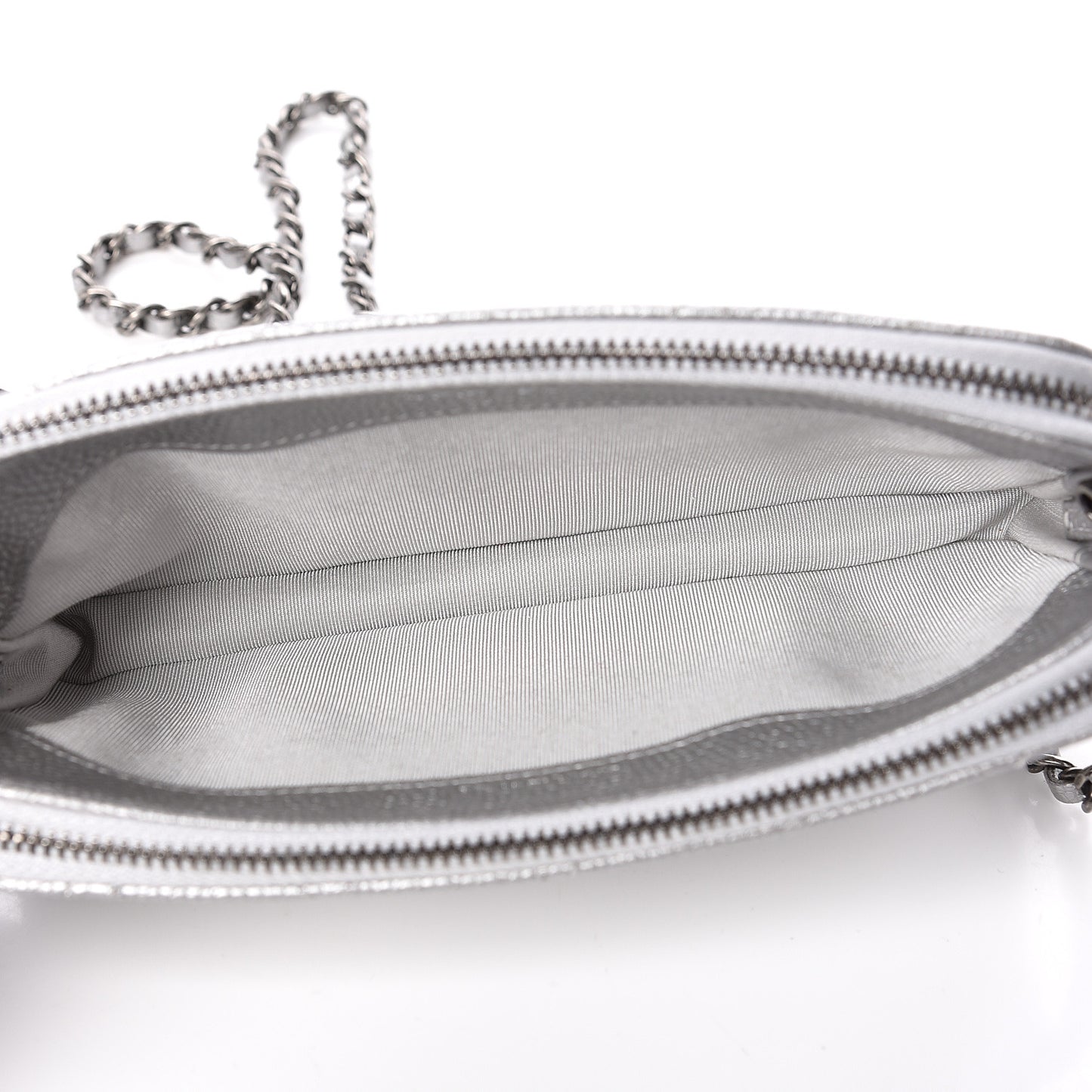 Metallic Caviar Quilted Small Clutch With Chain Silver