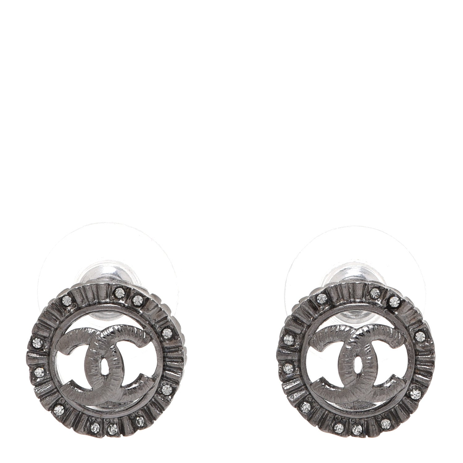 Chanel Ruthenium Crystal CC Round Earrings Silver 1 of 5