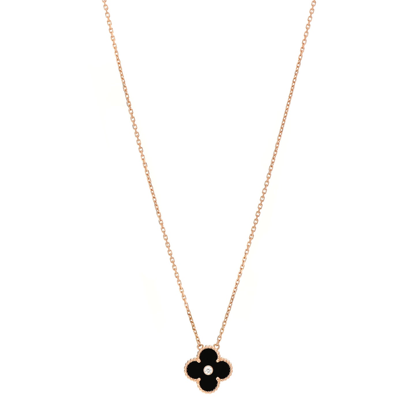 18K Rose Gold Diamond Black Onyx Vintage Alhambra Pendant Necklace