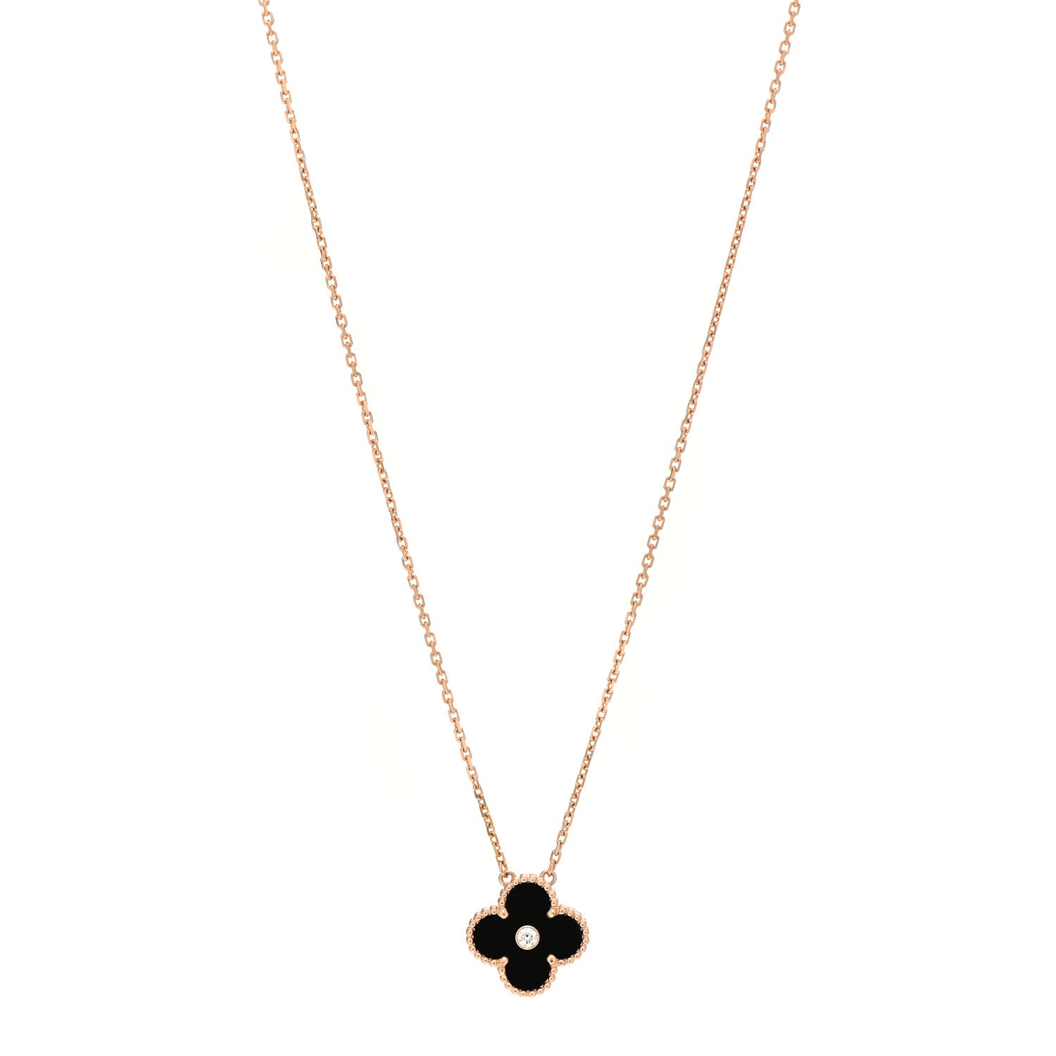 Van Cleef & Arpels 18K Rose Gold Diamond Black Onyx Vintage Alhambra Pendant Necklace 1 of 7
