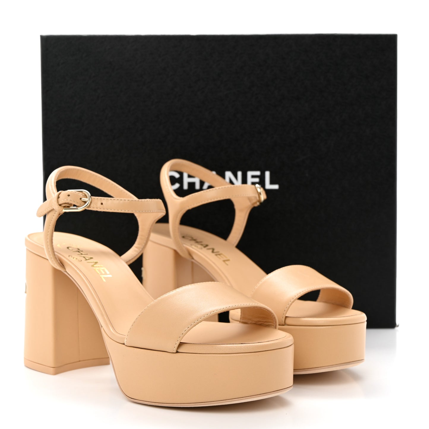 Lambskin Logo Platform Sandals 37 Beige