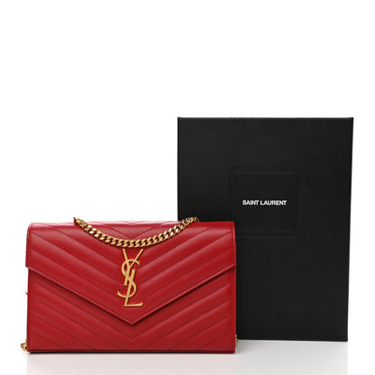 Saint Laurent Grain De Poudre Matelasse Chevron Monogram Chain Wallet Red 10 of 12