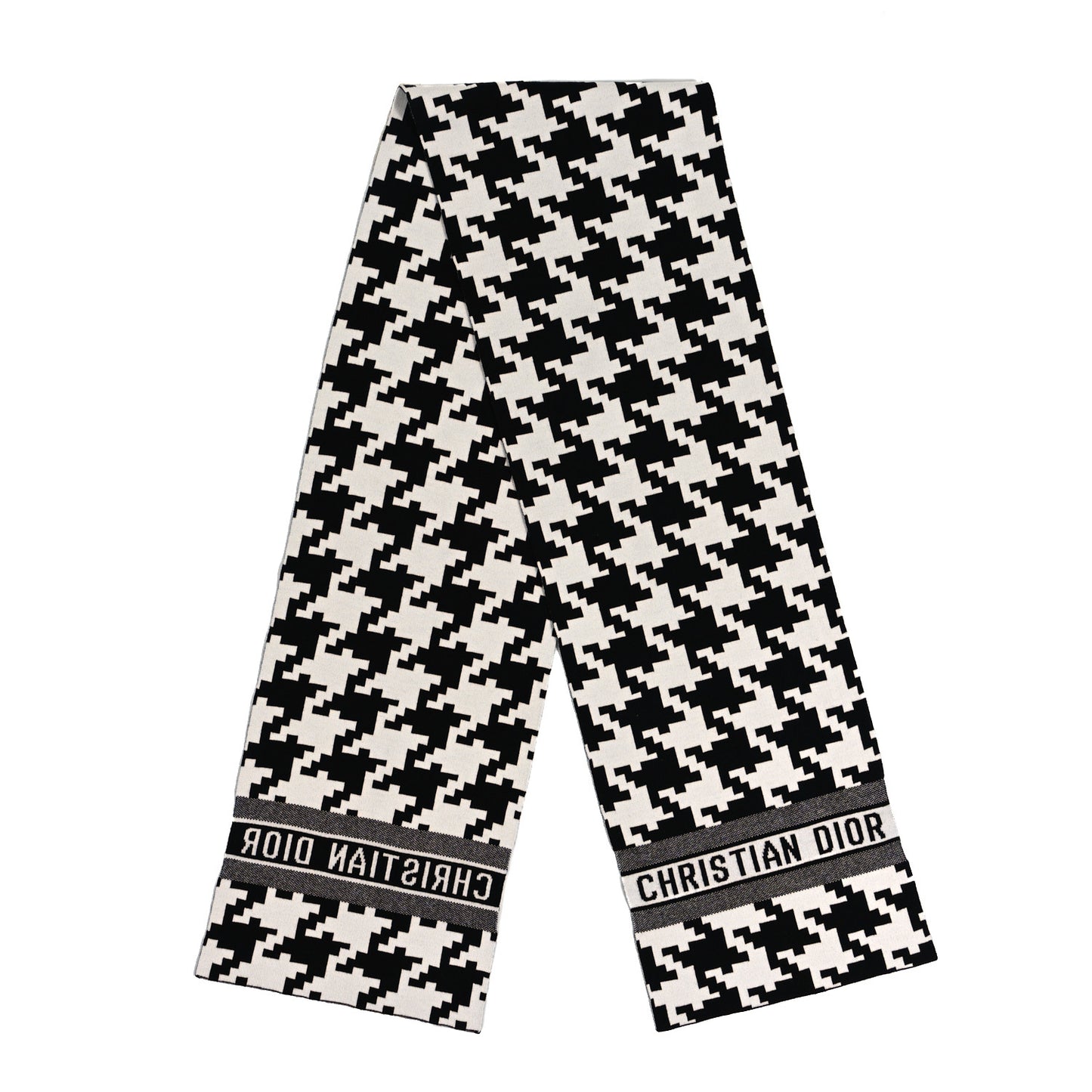 Cashmere Wool Houndstooth Fringe Scarf White Black